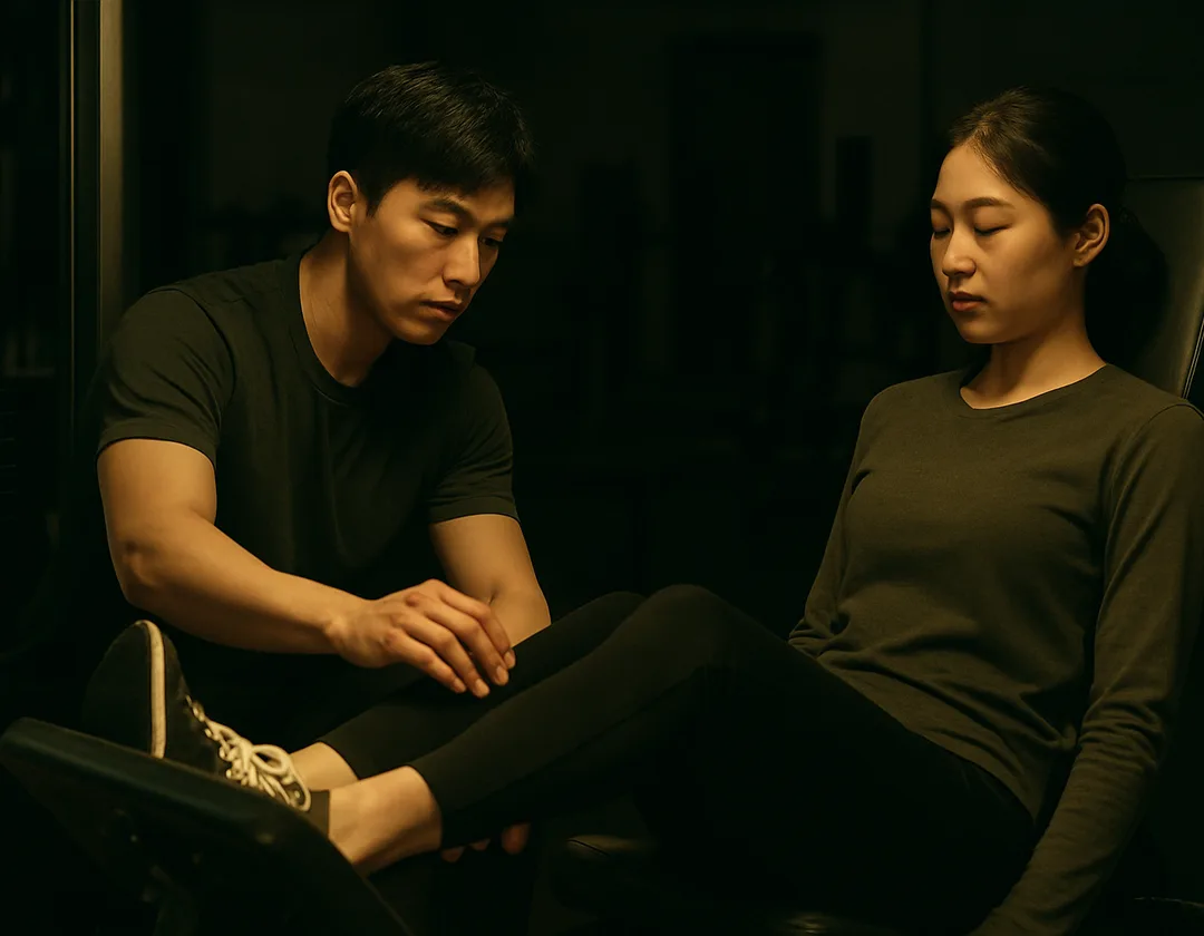 어두운 헬스장에서 레그 프레스 자세를 지도하는 트레이너